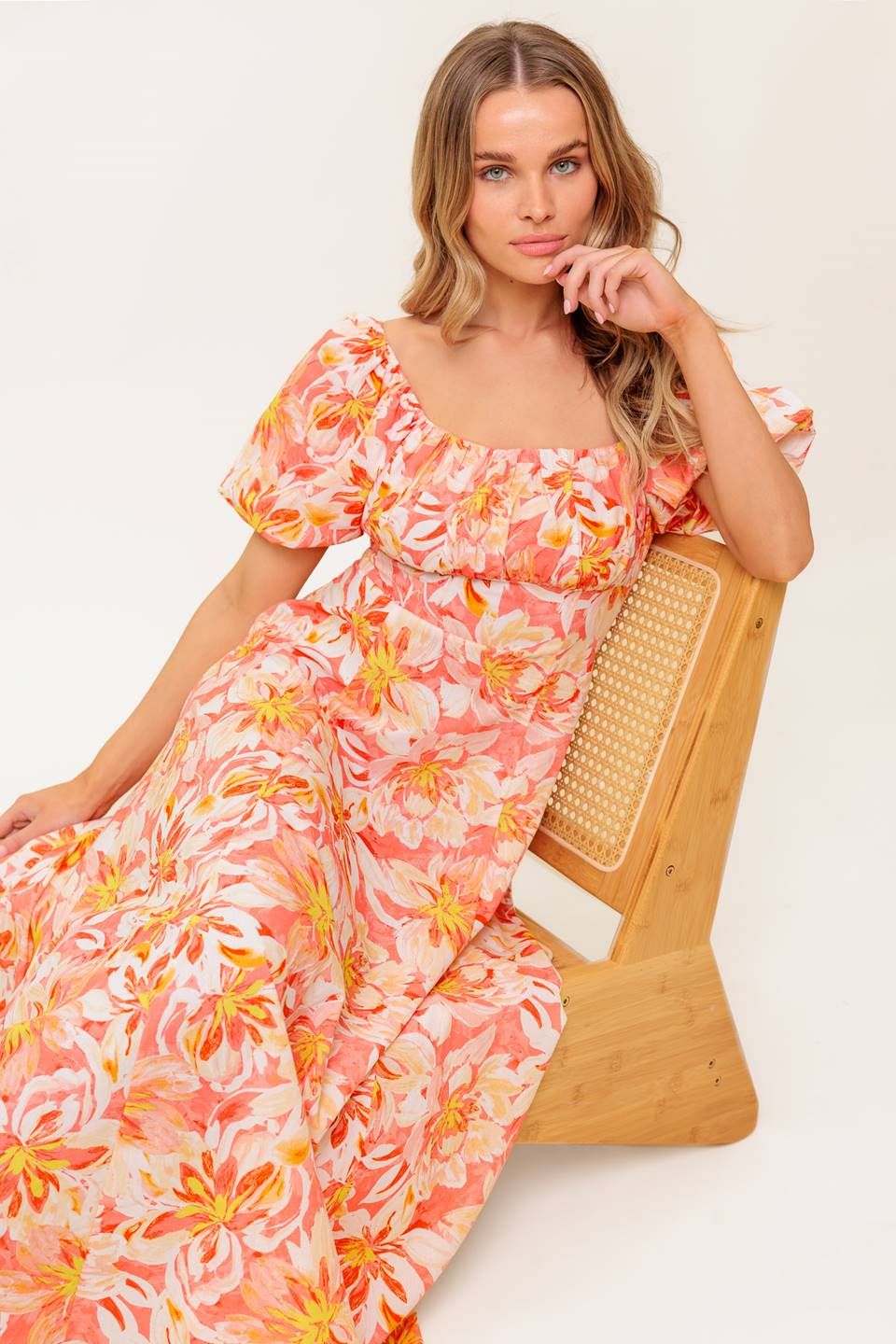 OCEAN FLORALS CORAL WOVEN MIDI DRESS Flying Tomato